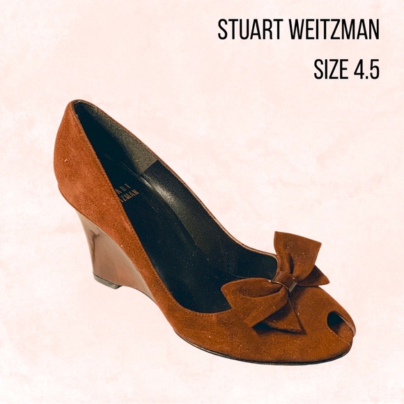 ‼️SEND OFFERS EUC Stuart Weitzman Brown Suede Peep Toe Wedge Bow Tie sz 4.5